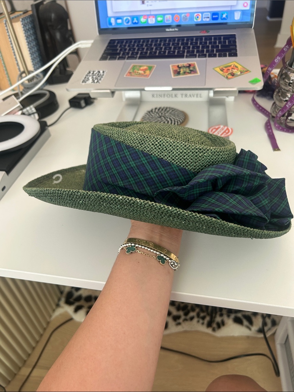 VTG Green Straw Hat with Navy Plaid band bow